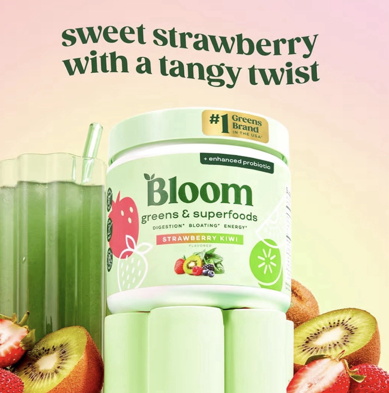 Bloom Greens & Superfoods Strawberry Kiwi Powder 6.39oz Gluten-Free Exp: 12/2026