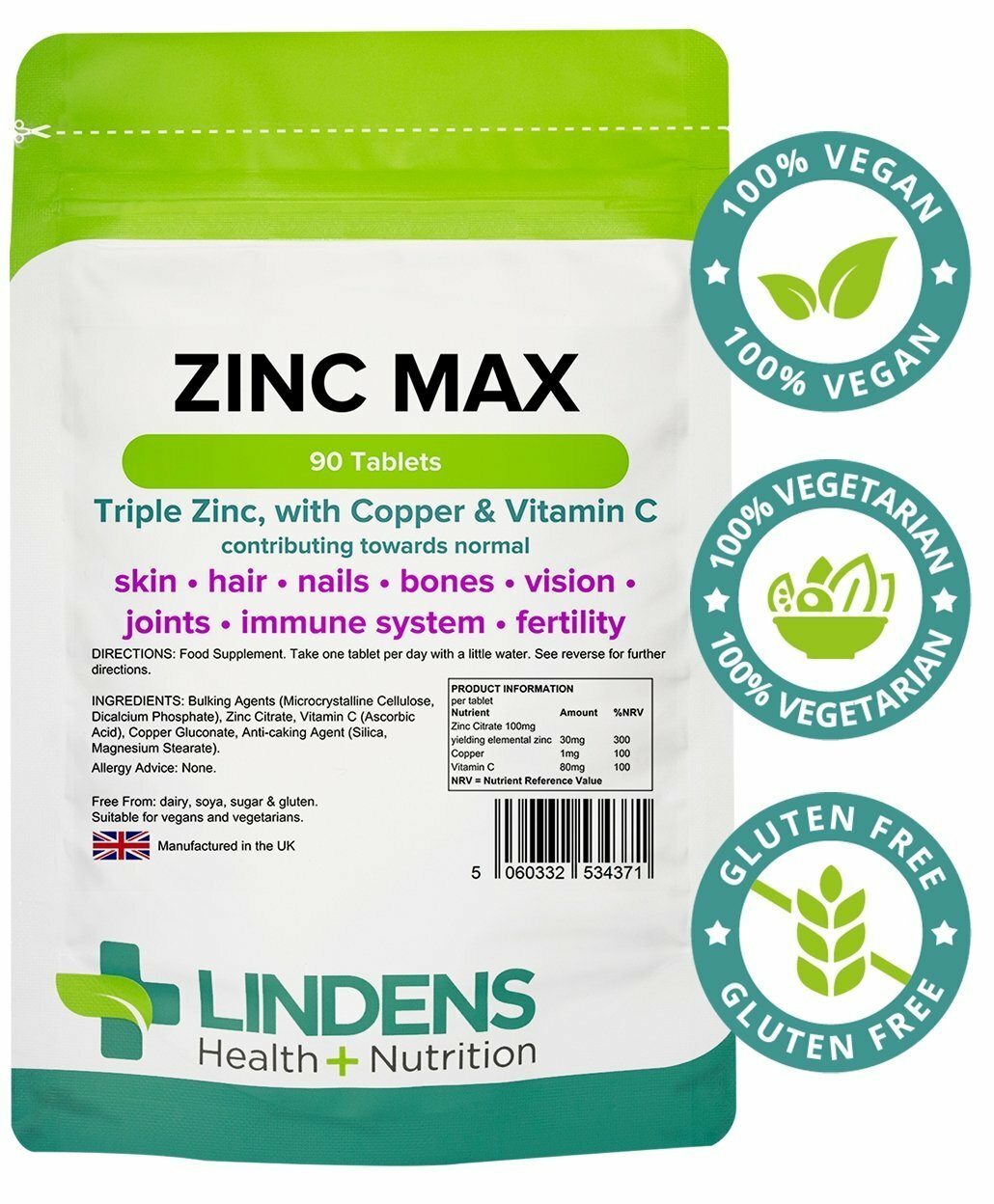 Lindens Triple Strength Zinc Citrate Max 4-PACK 360 Tablets Vitamin C & Copper