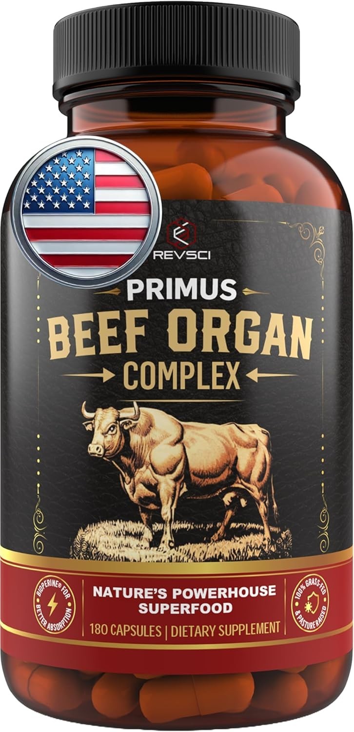 PRIMUS Grass Fed Beef Organ Supplement Complex 5 Organ Blend 180 Capsules REVSCI