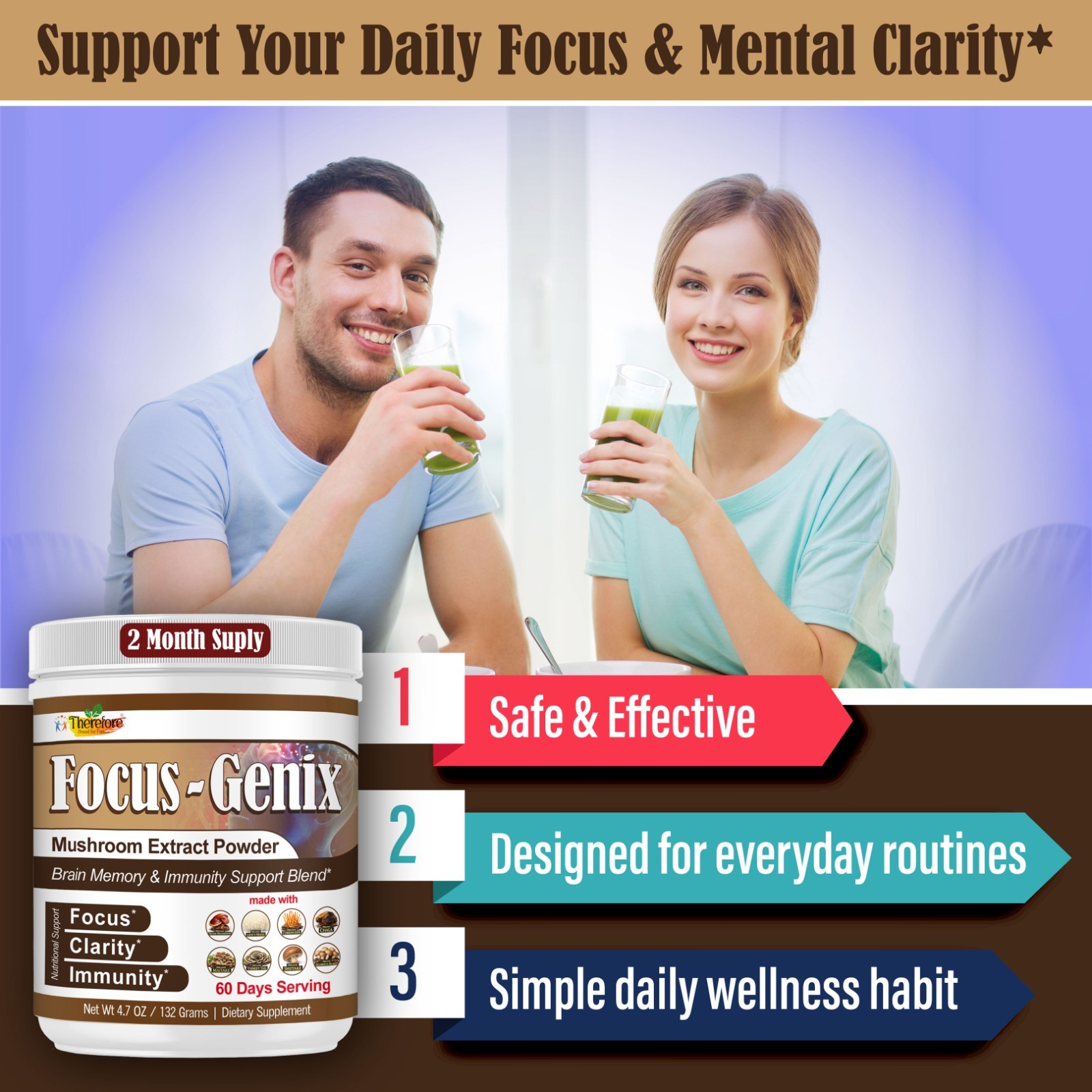 Mushroom Supplement Powder- Focus, Brain Health & Immune Support 60 Servings
