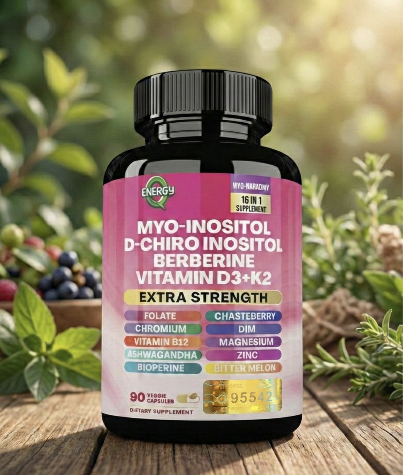 EnergyQ Myo-Inositol, D-Chiro Inositol, Berberine, D3 K2, Extra Strength, 90