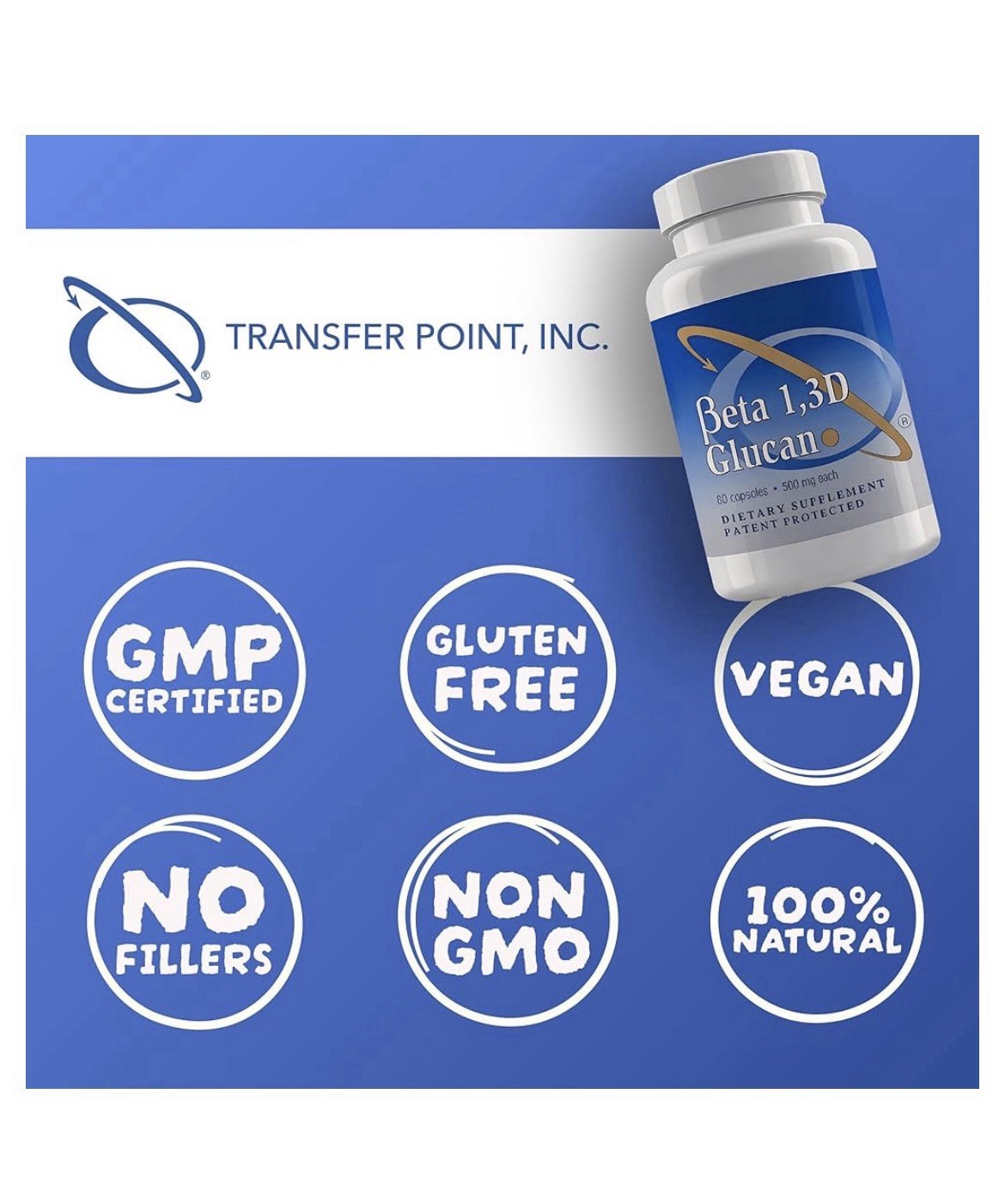 2 Pack Transfer Point Beta 1,3D Glucan Immune Support 500 mg Dietary Supplement