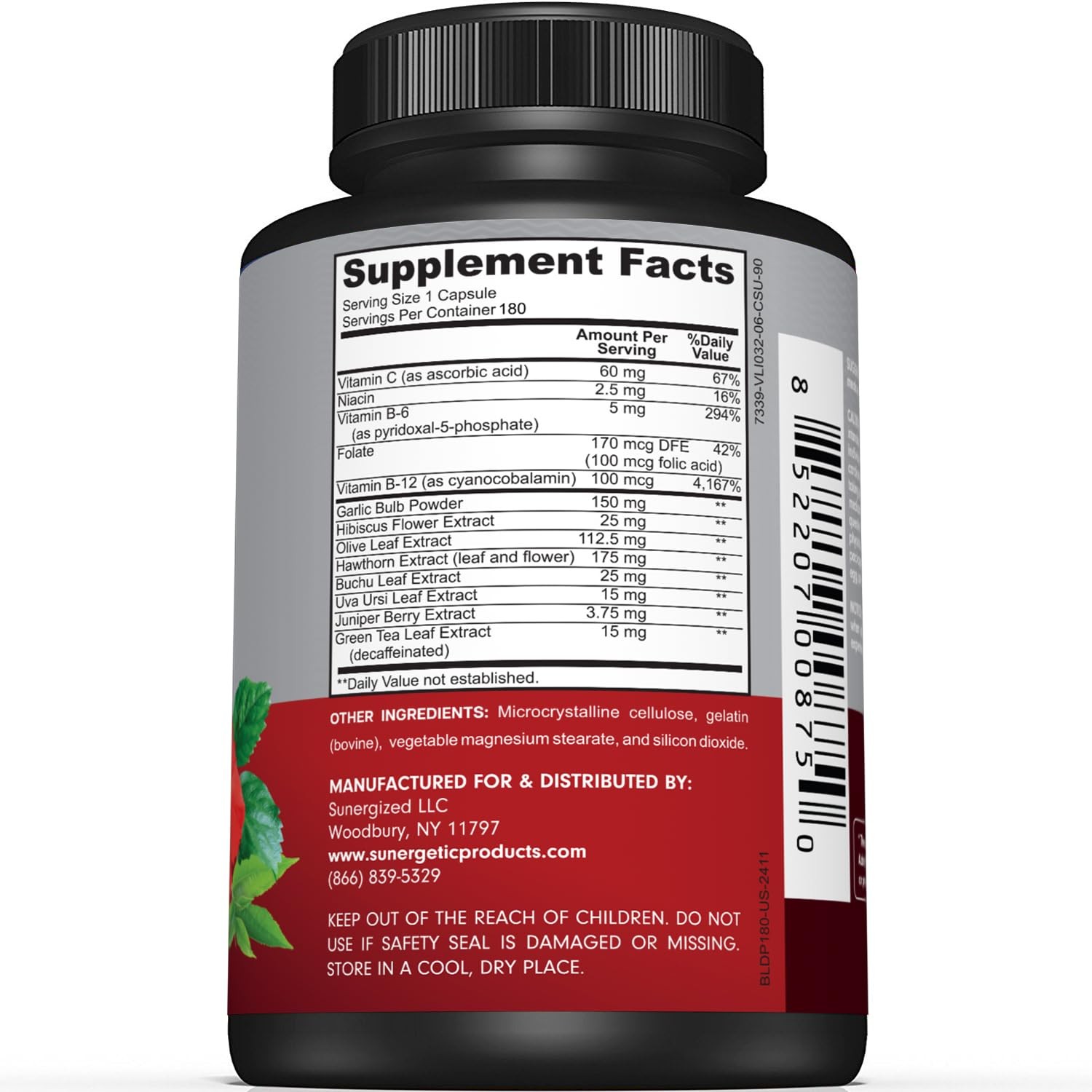 Sunergetic Premium Blood Pressure Support Supplement 180 Count (Pack of 1)