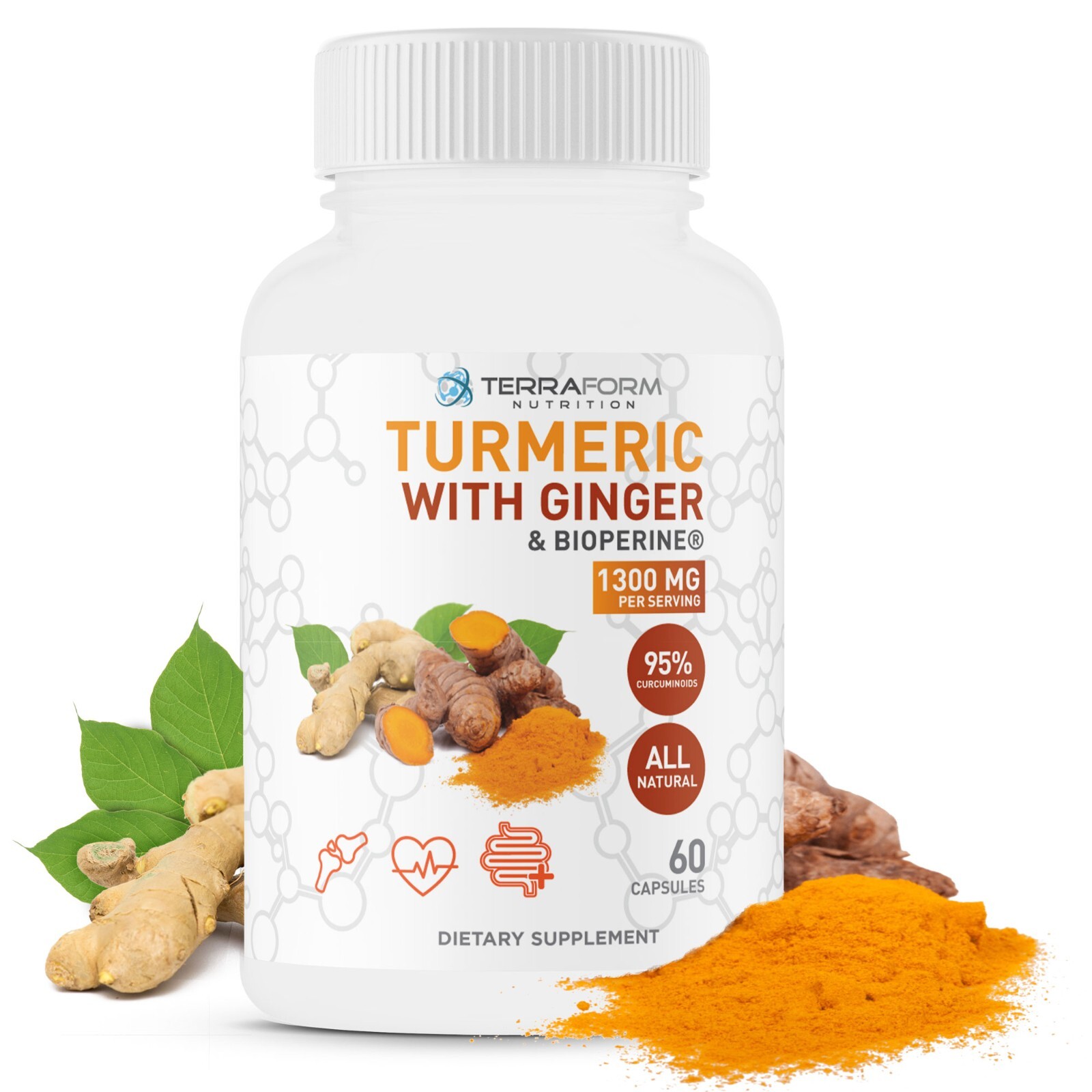 Turmeric Curcumin w Ginger & BioPerine – Supports Joint Health 1300mg/30 Serv.