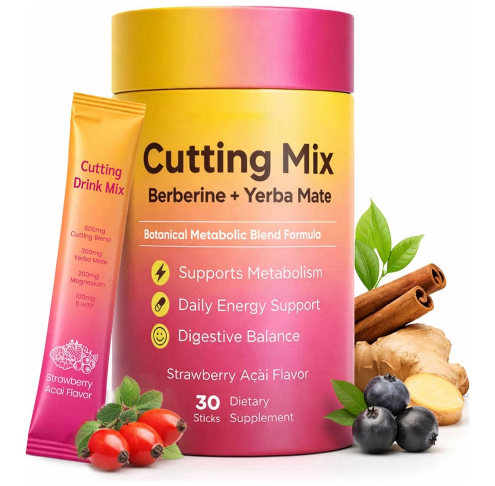 Berberine + Yerba Mate Powder Drink Mix Strawberry Acai 30 Sticks 600mg