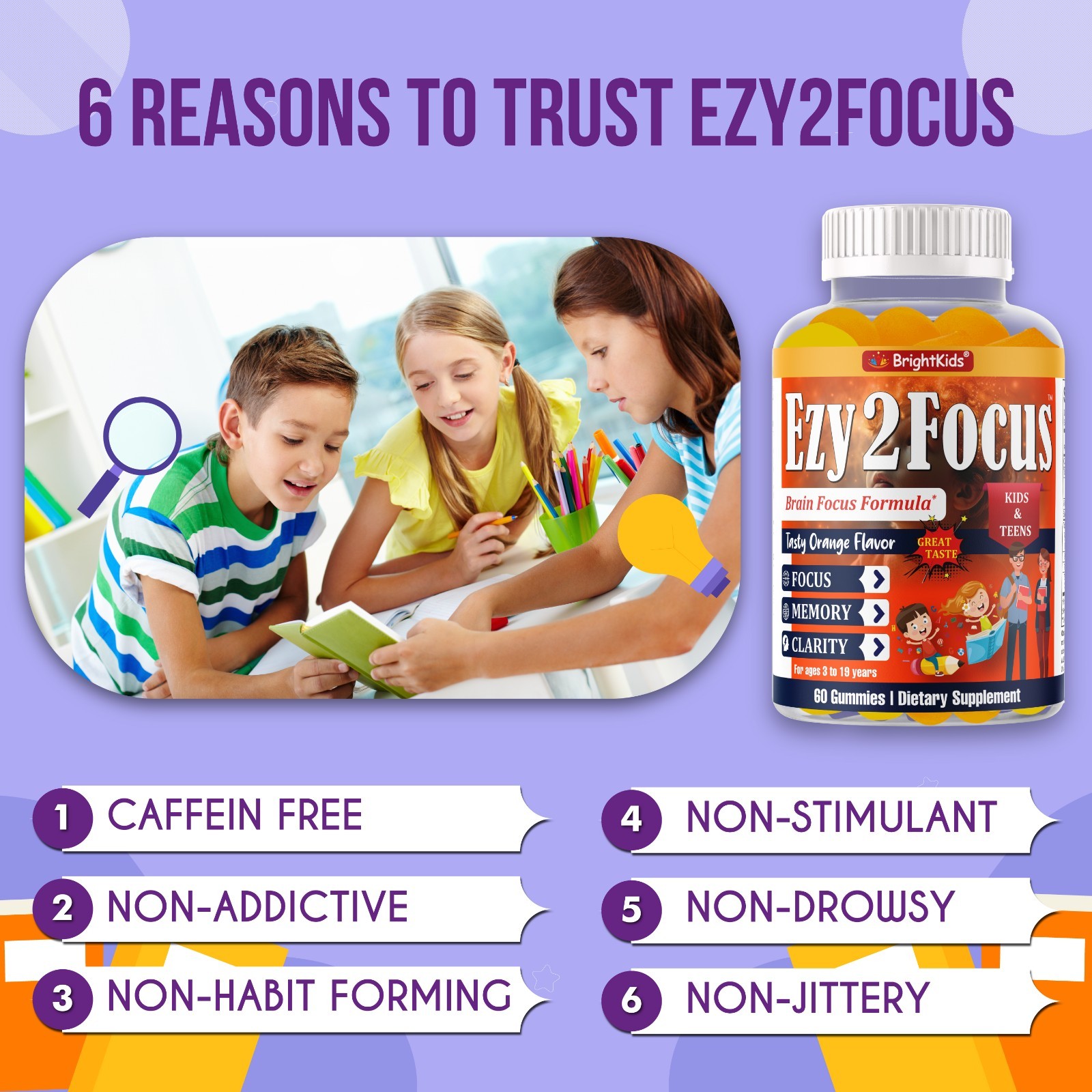 Ezy2Focus Brain Focus Gummies for Kids & Teens Memory Clarity Orange 60 Count