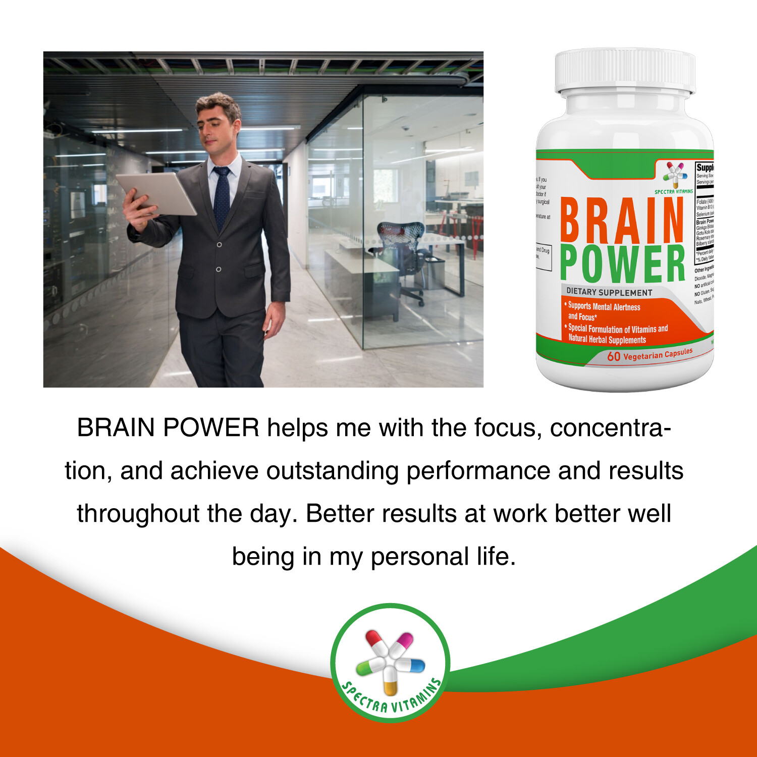 BRAIN POWER supports Mental Alertness and Focus, Ginkgo Biloba, Rosemary, B12,