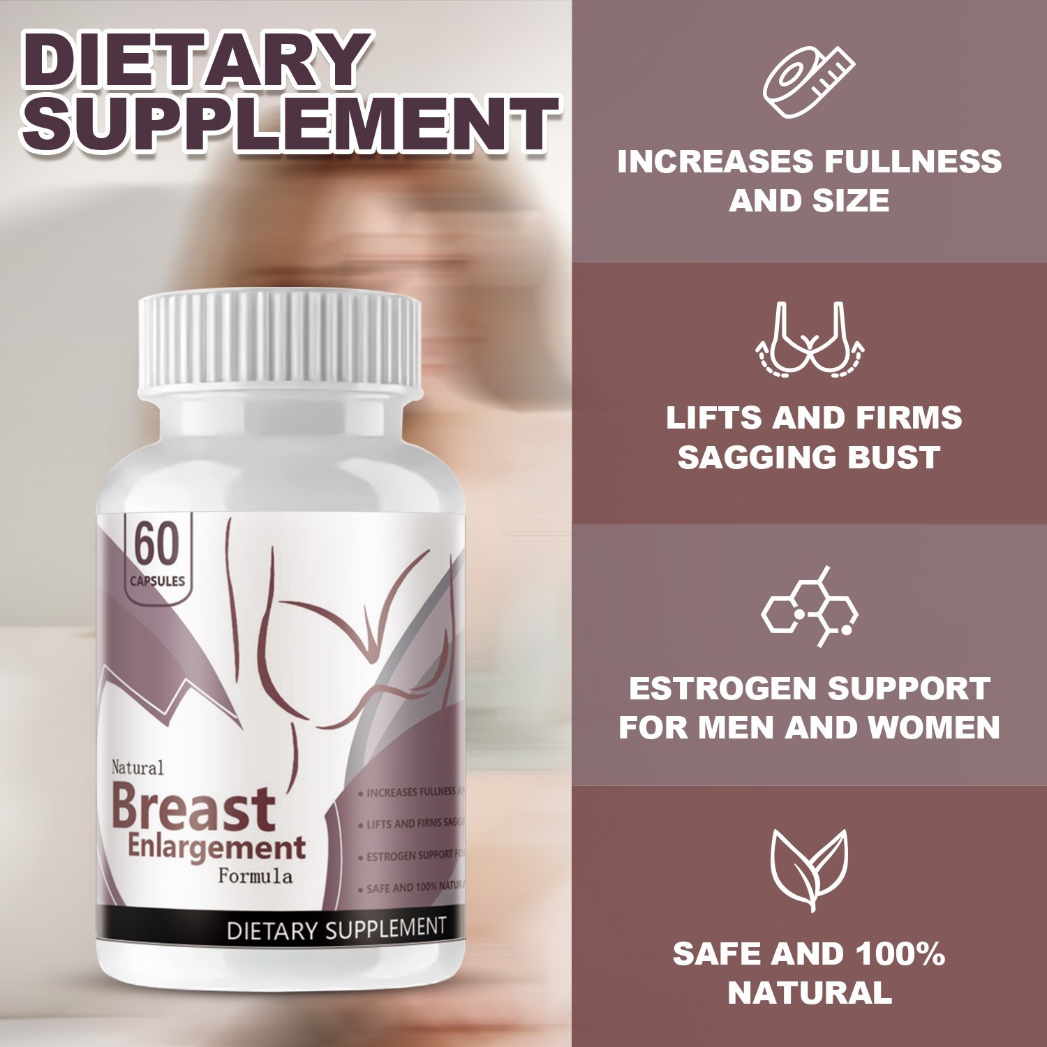 Natural Breast Enlargement Formula Supplement Increase Fullness & Size (60 Caps)