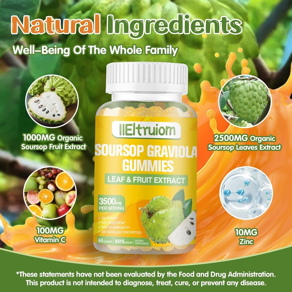 Soursop Gummies for Adults, Organic Leaves and 1 Count (Pack of 60)