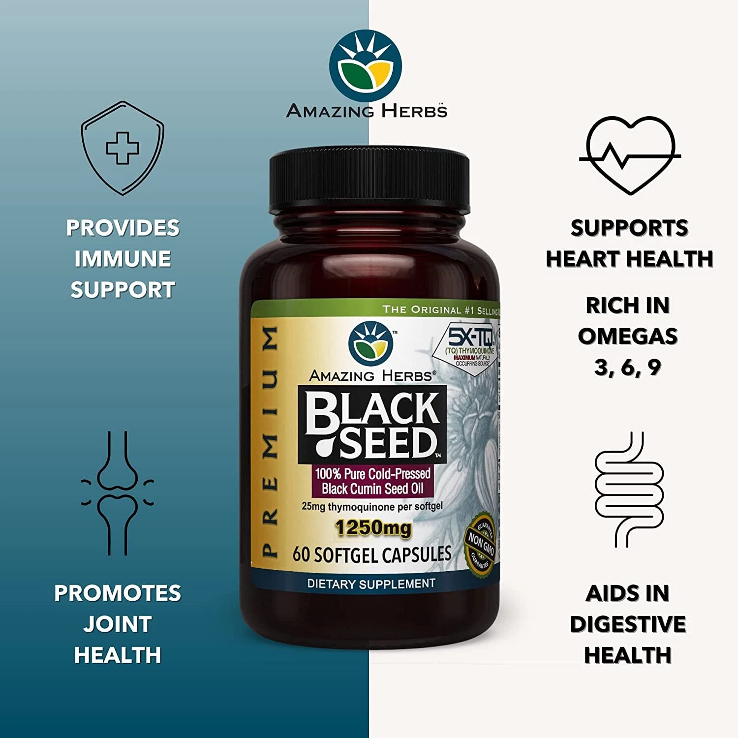 Amazing Herbs Premium Black Seed Oil Softgels Capsule 1250 mg 60 ct 3 Pack