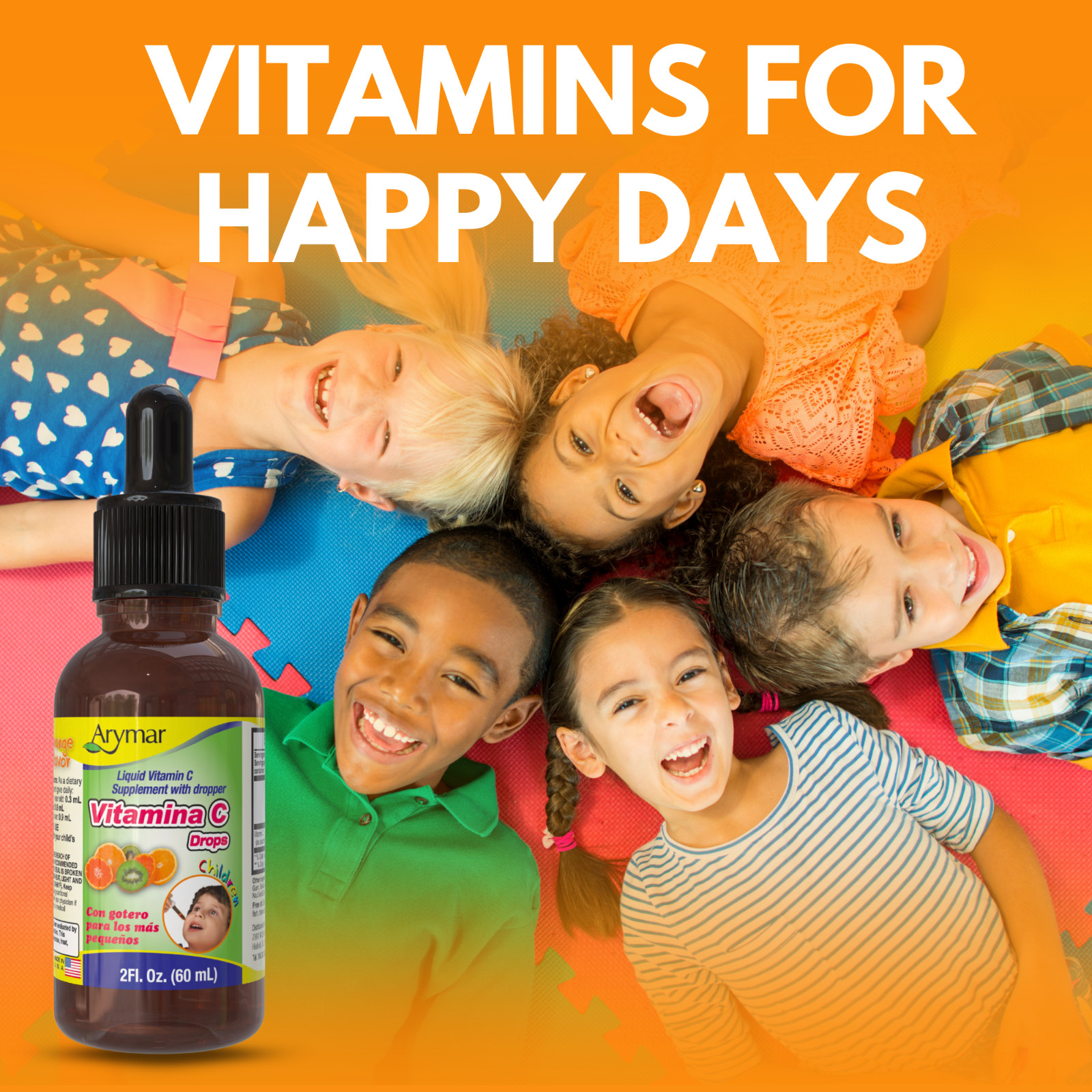 Arymar Kids’ Vitamin C Drops 2 Fl Oz, Tangy Orange Flavor, Vegan, Made in USA