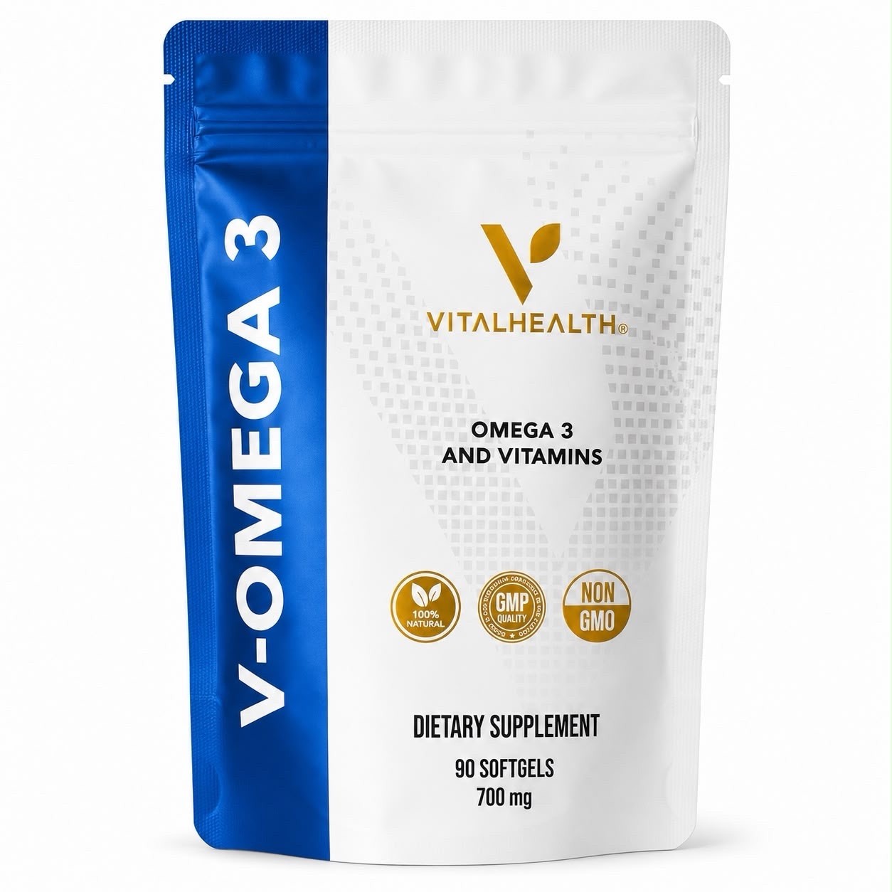VitalHealth V-Omega 3 Fish Oil + Vitamins 90 Softgels 700mg Non-GMO