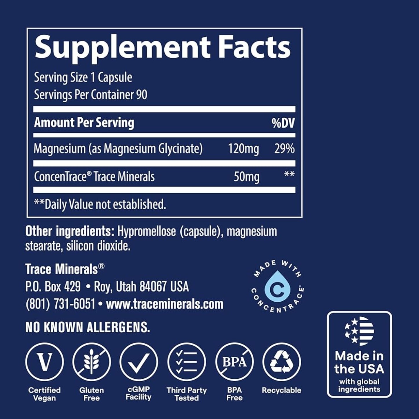 Trace MAGNESIUM GLYCINATE 120 mg 90 Caps ( 90 Servings ) Relax And Sleep Support