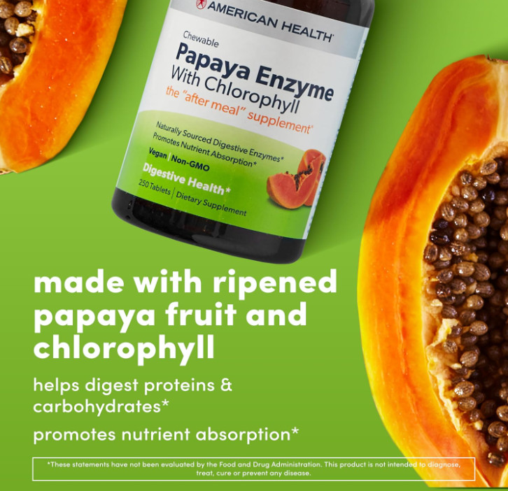 American Health Papaya Enzyme with Chlorophyll Chewable Tablets Digestive Diet