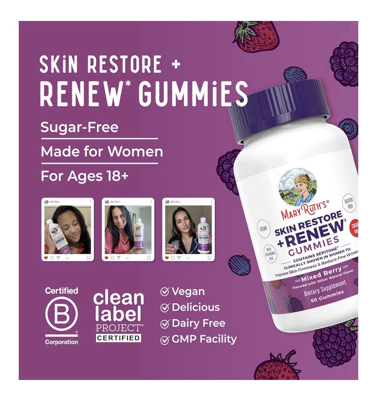 MaryRuth’s Skin Restore + Renew Gummies With Hyaluronic Acid Skin Hydration 60g