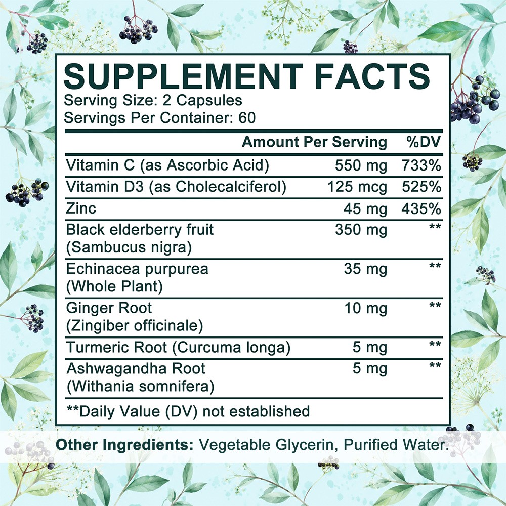 8in1 Elderberry Immune Support Caps with VitaminC D3 Zinc&Natural Herbs 30~120CT