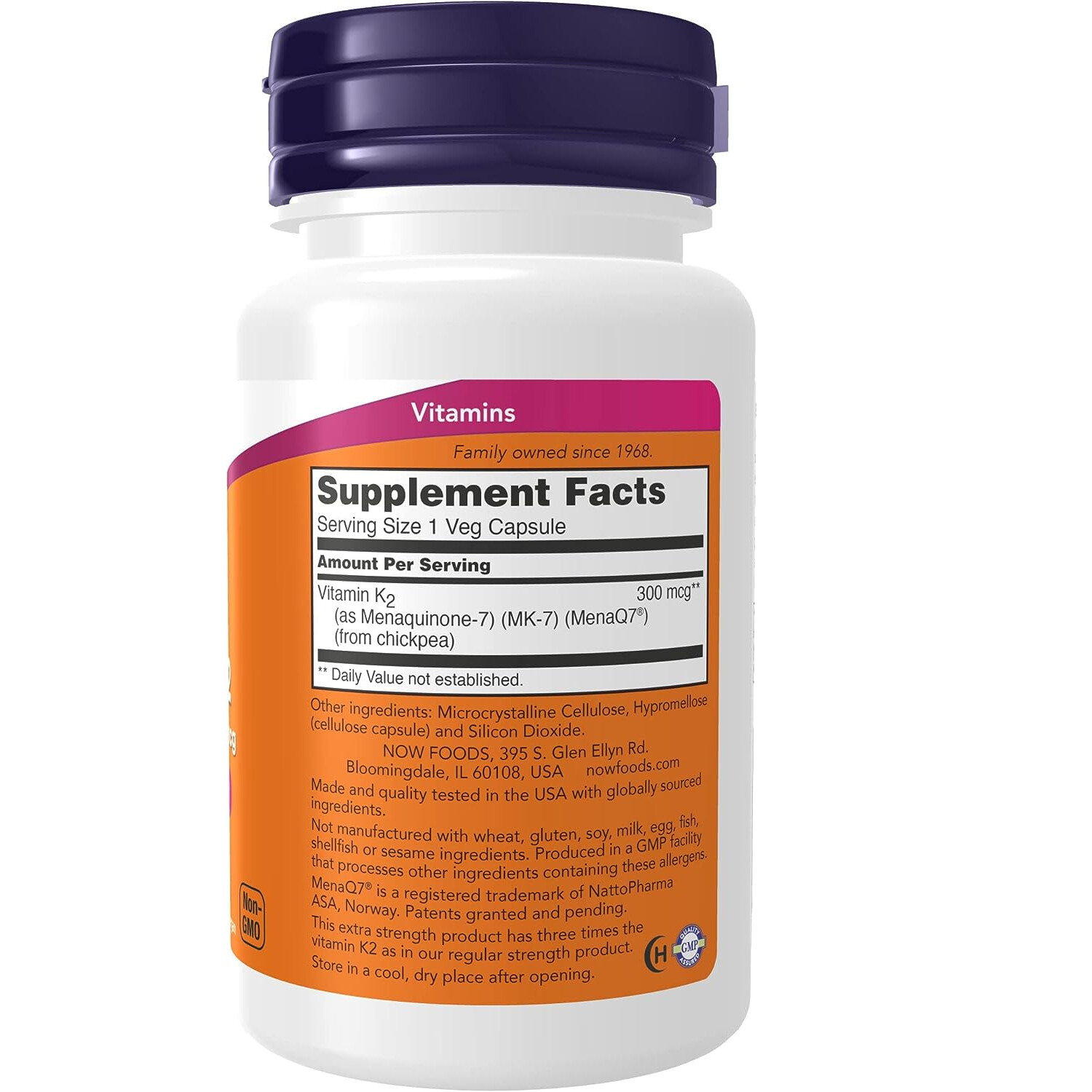 NOW MK-7 Vitamin K-2 Extra Strength 300mcg, 60 Vegetarian Capsules