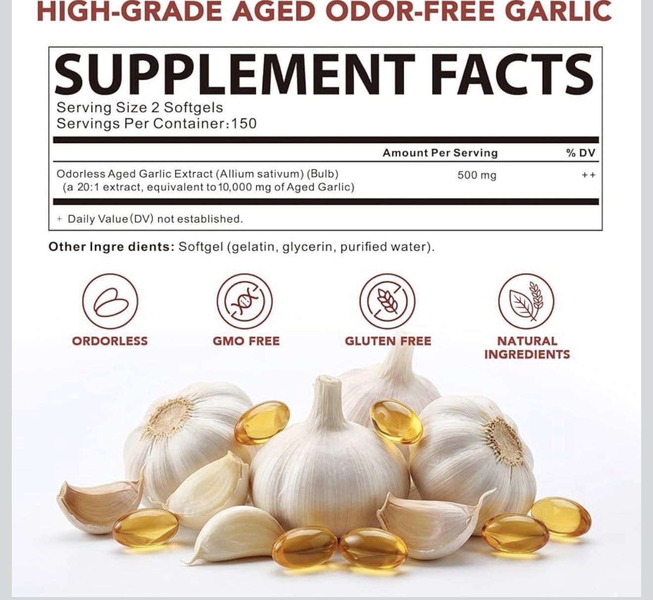 SHAPEINGIRL Odorless Aged Garlic Extract 10000mg 300 Softgels Gluten-Free