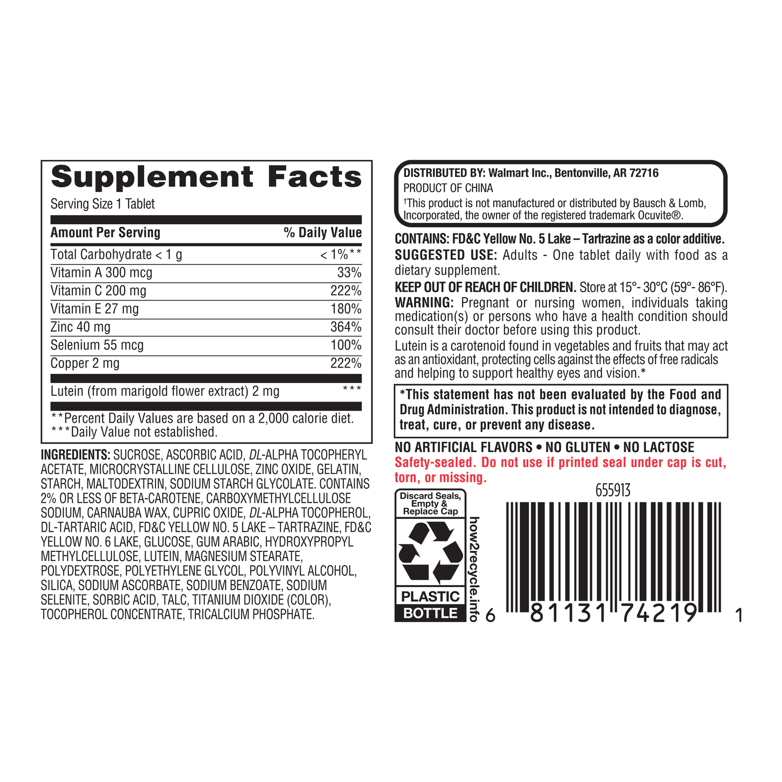 Equate Vision Formula Lutein Dietary Supplement Tablets 120 Count For Eye Health