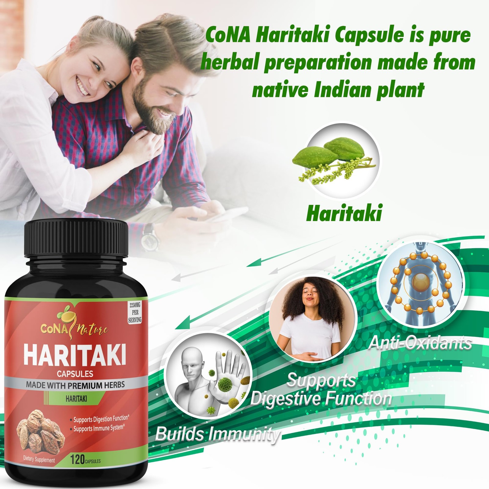 Cona Nature Organic India Haritaki Capsules 2250MG, 120 Count (Pack of 1)