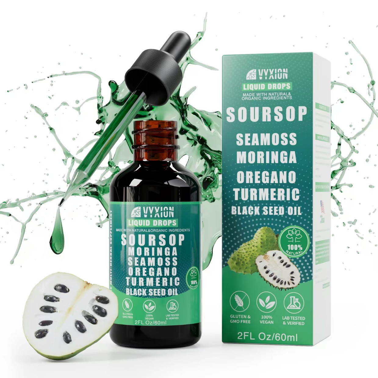 1pc VYXION Pure Soursop 10 in 1 Liquid Drops Seamoss Moringa Black Seed Oil