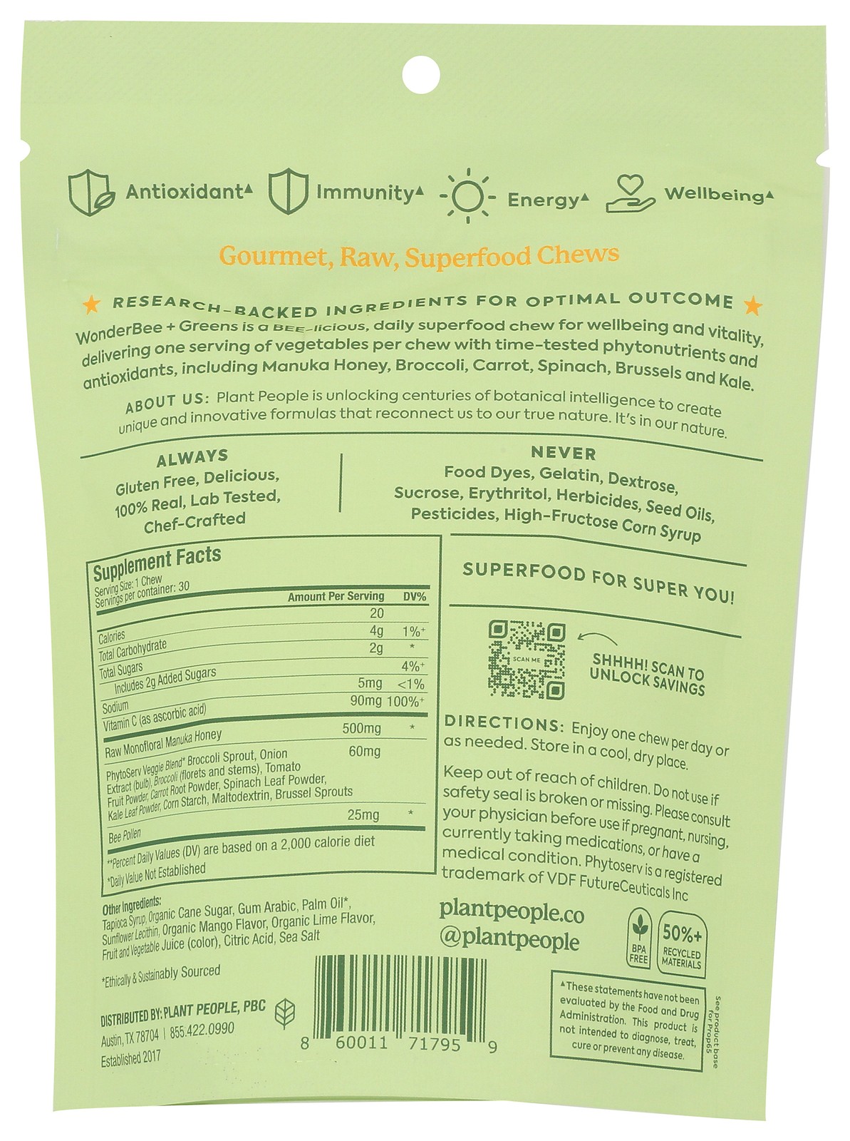 Plant People Wonderbee Mango Lime Superfood Greens Honey Chews 30 Ct 30Ct 1 Pack