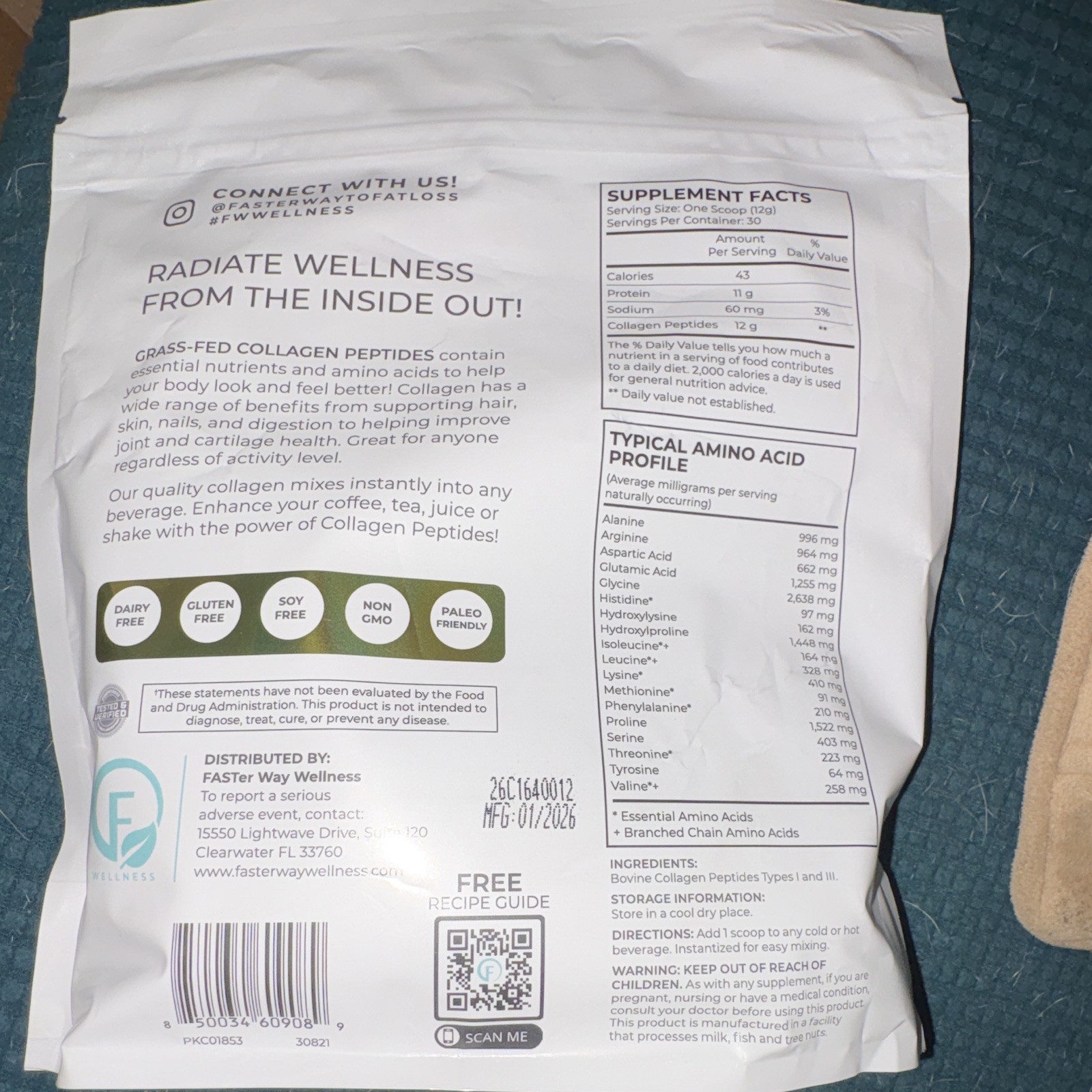 Faster Way Wellness Collagen Peptides Powder Unflavored Grass Fed 12g 360g