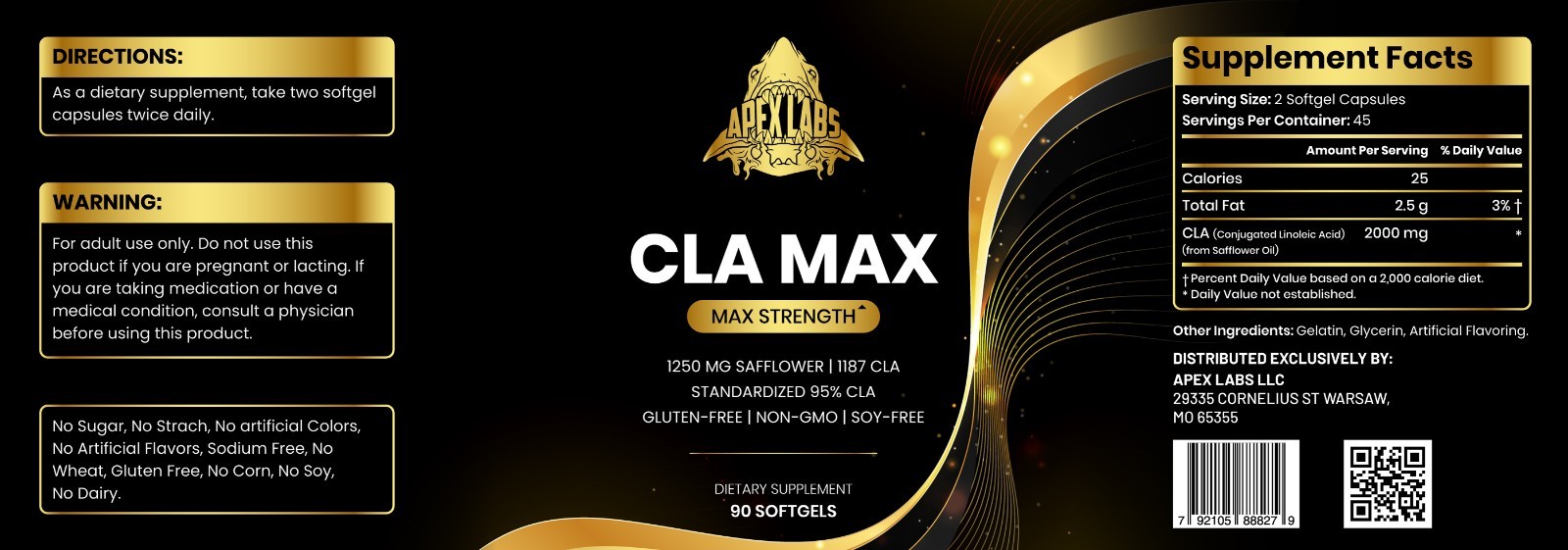Apex Labs CLA Softgels – Conjugated Linoleic Acid – 2000mg Per Serving