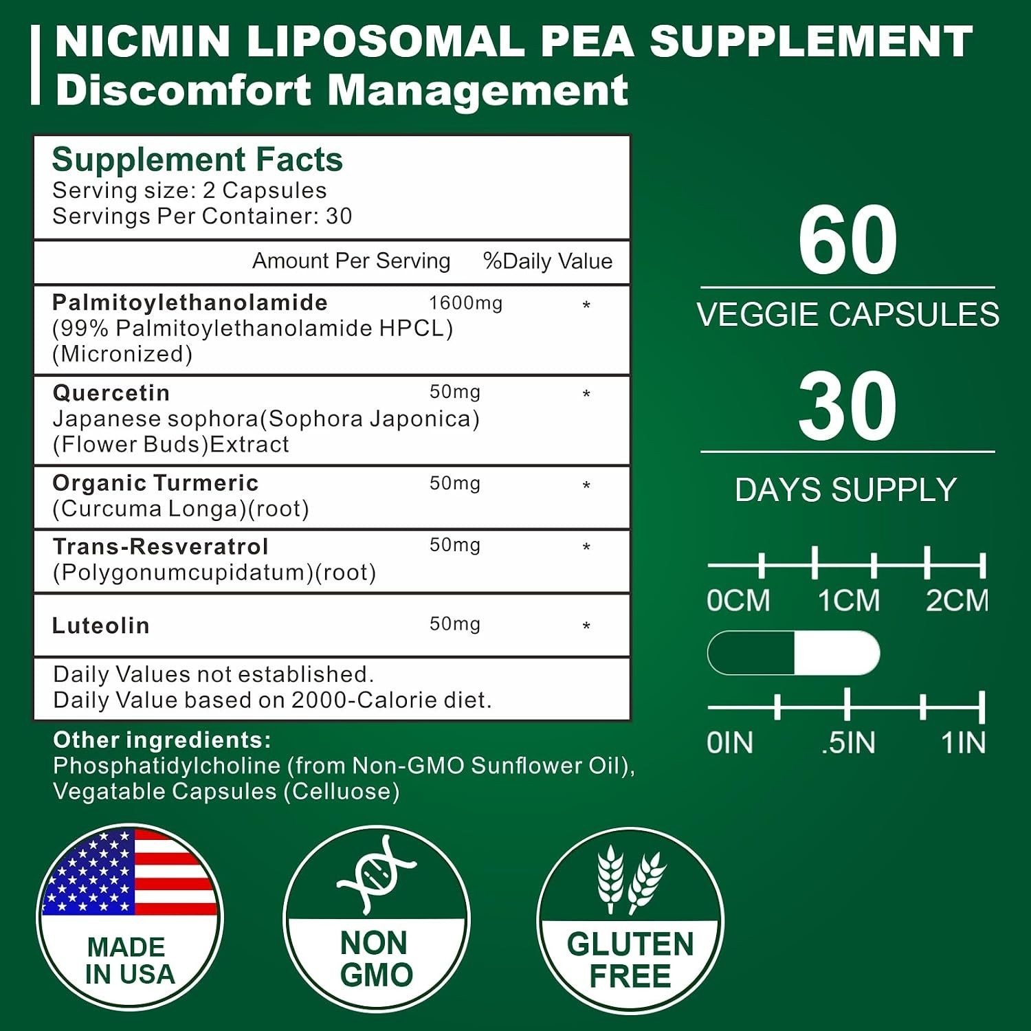Palmitoylethanolamide PEA Supplement 1600 Mg Micronized Pea 99% Highly Purified