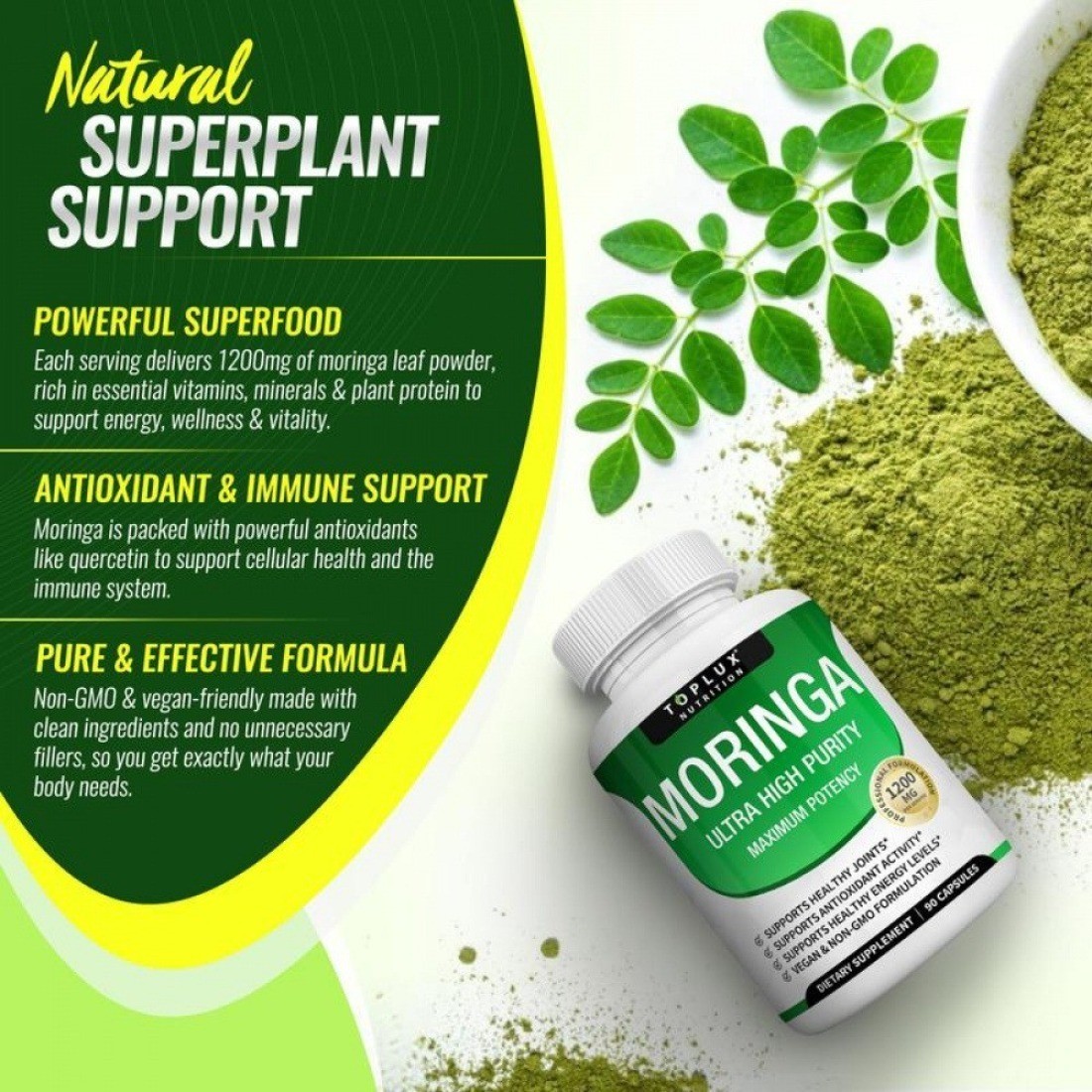 2 BOTTLES–TOPLUX Moringa Capsules 1200mg Pure Moringa Powder Immune Gut health