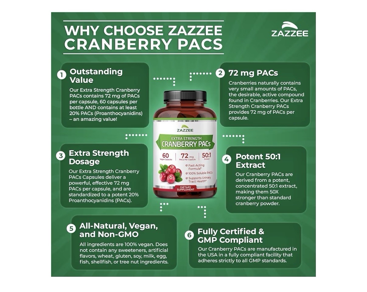 Zazzee Cranberry PACs Extra Strength Urinary Tract Support 100% Soluble 60 Caps