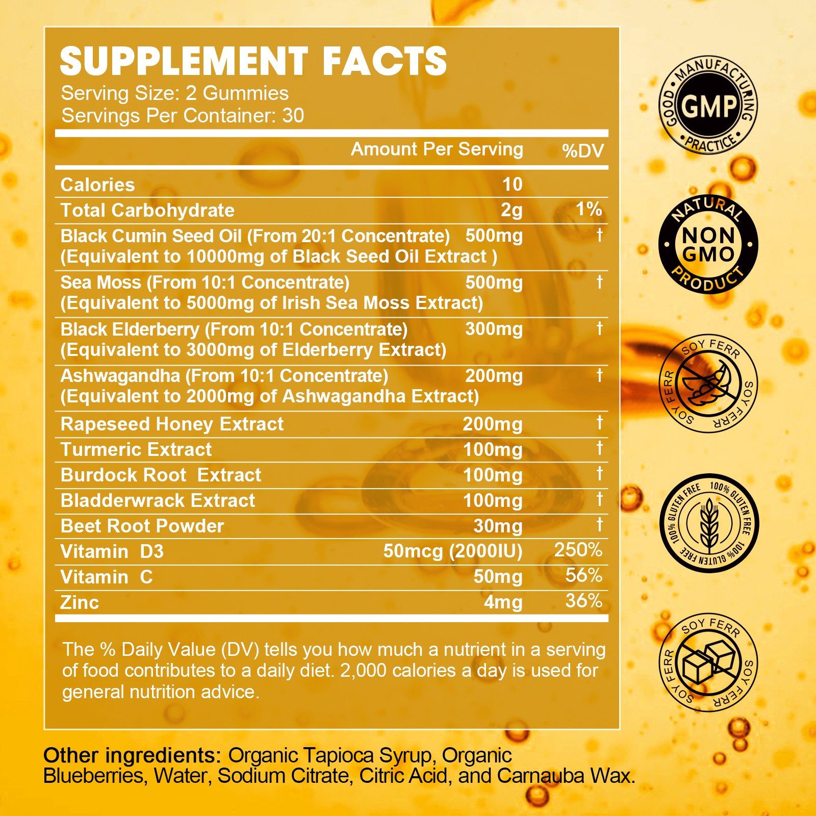 10 in 1 Organic Sea Moss Gummies Irishmoss Extract 1000MG w/Black Seed Oil