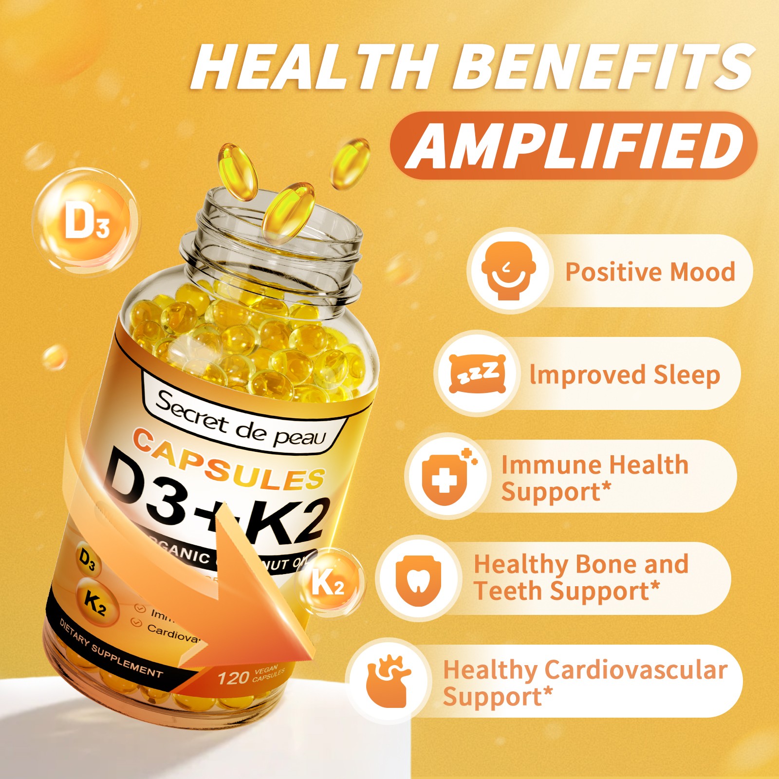 Vitamin K2 (MK7) + D3 Extra Strength Bone & Heart Health Non GMO Capsules