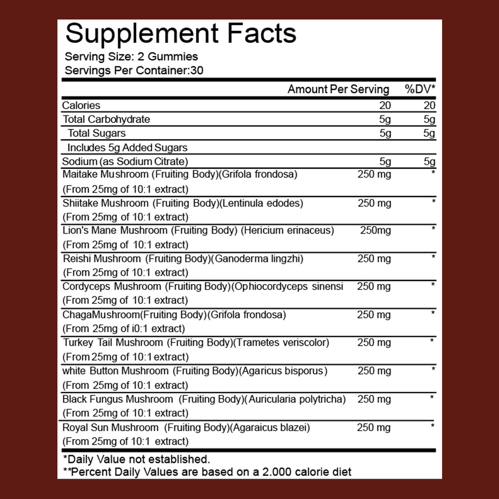 Mushroom Gummies Supplement 2500mg 10 Mushrooms Blend Reishi,Lions Mane US SHIP
