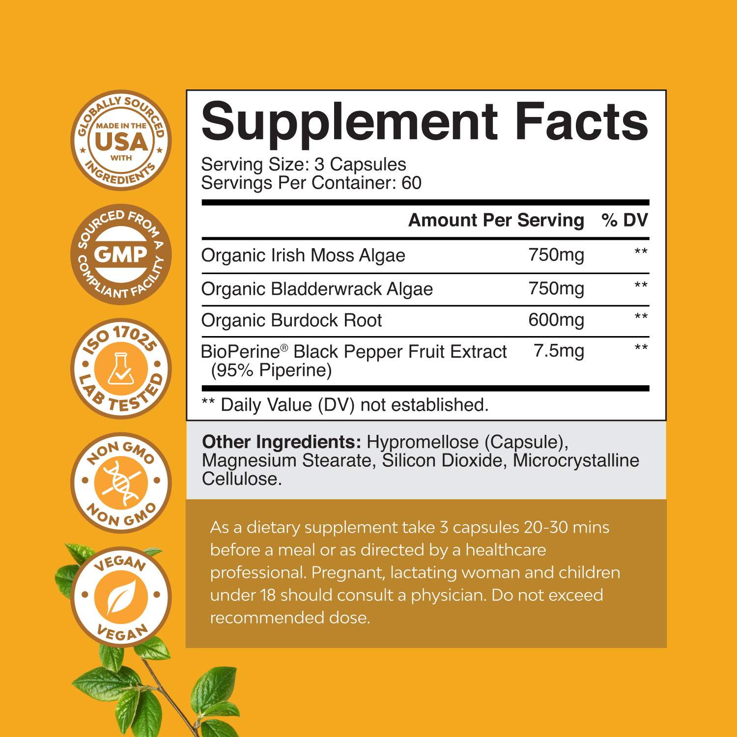 Organic Irish Sea Moss Capsules – with Bladderwrack and Burdock Root 30ct