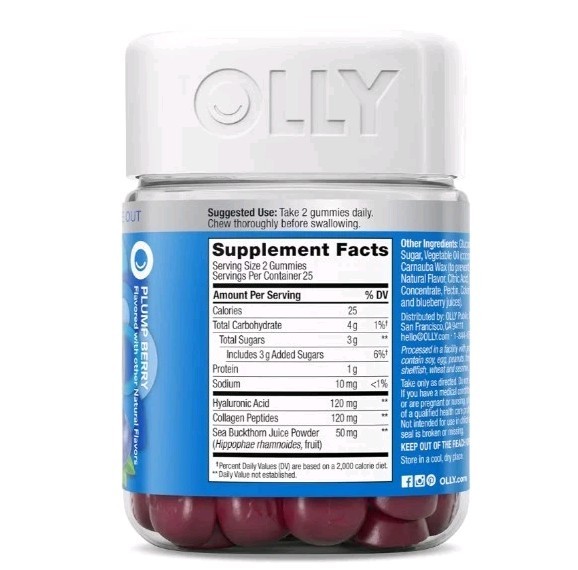 OLLY Glowing Skin Gummies Hyaluronic Acid Collagen + Sea Buckthorn 50 Count