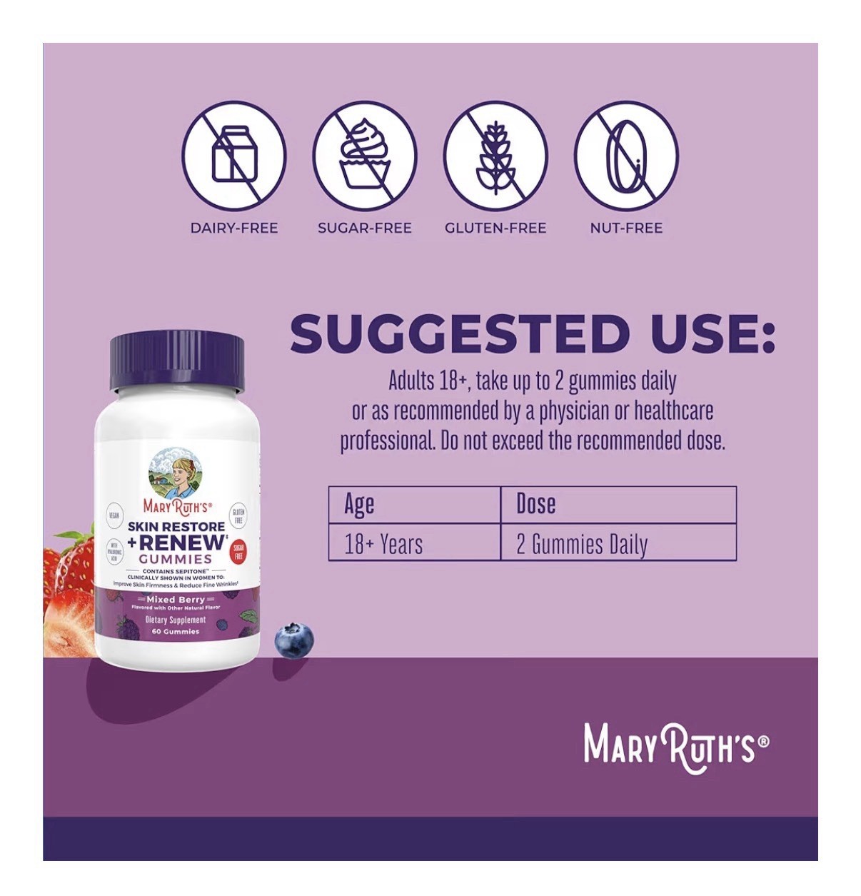 MaryRuth’s Skin Restore + Renew Gummies With Hyaluronic Acid Skin Hydration 60g