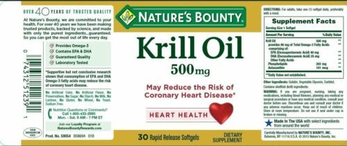 Nature’s Bounty Krill Oil Rapid Released Softgels Gluten Free 500 mg 30 Count