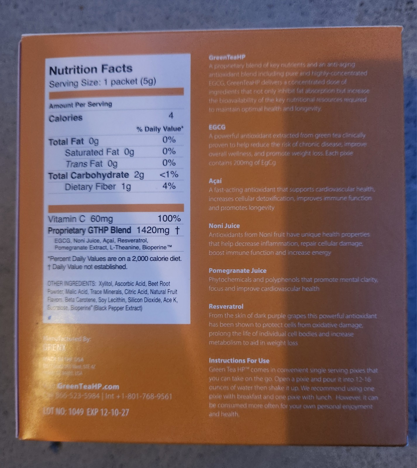 GreenTeaHP Instant Green Tea Supplement Cream 60g 12x5g Exp 12-10-27