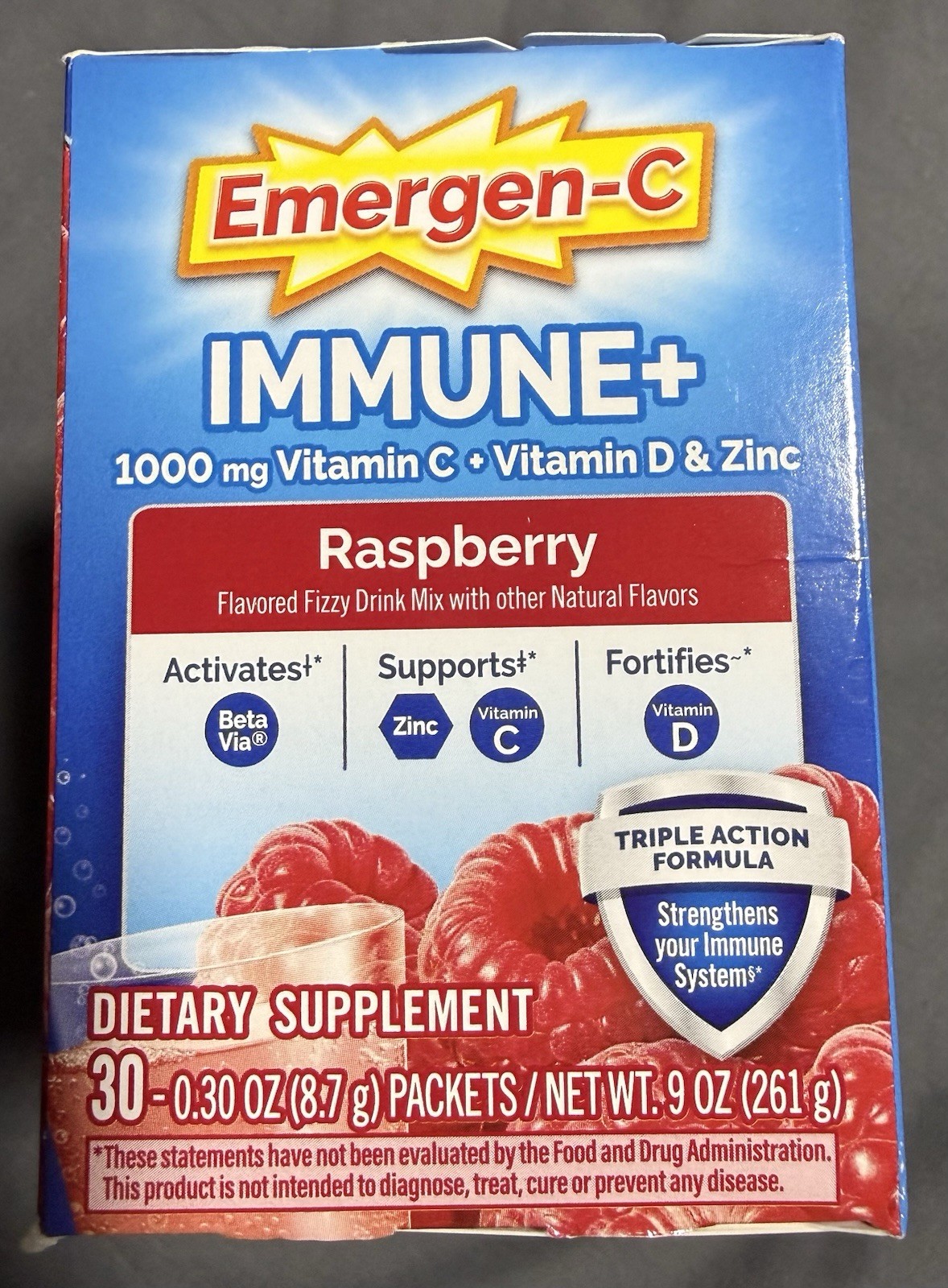 Emergen-C Immune+ Raspberry Drink Mix 30 Packets Vitamin C D Zinc Exp 07/2027