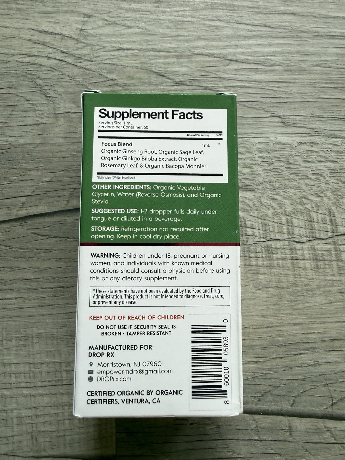 DropRx Focus Organic Herbal Supplement Drops Brain/Memory Support 2 fl oz