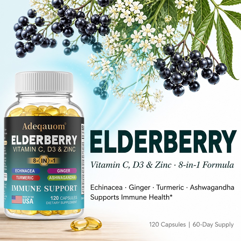 8in1 Elderberry Immune Support Caps with VitaminC D3 Zinc&Natural Herbs 30~120CT