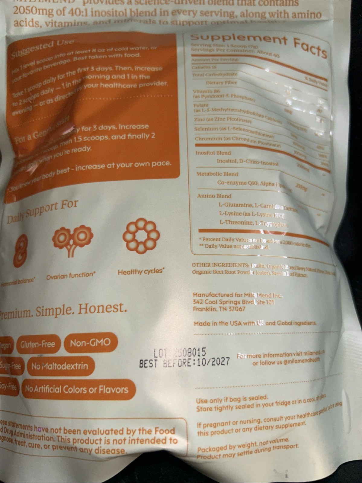 Milamend Hormone Balance Mixed Berry 60 Servings. Exp 10/2027