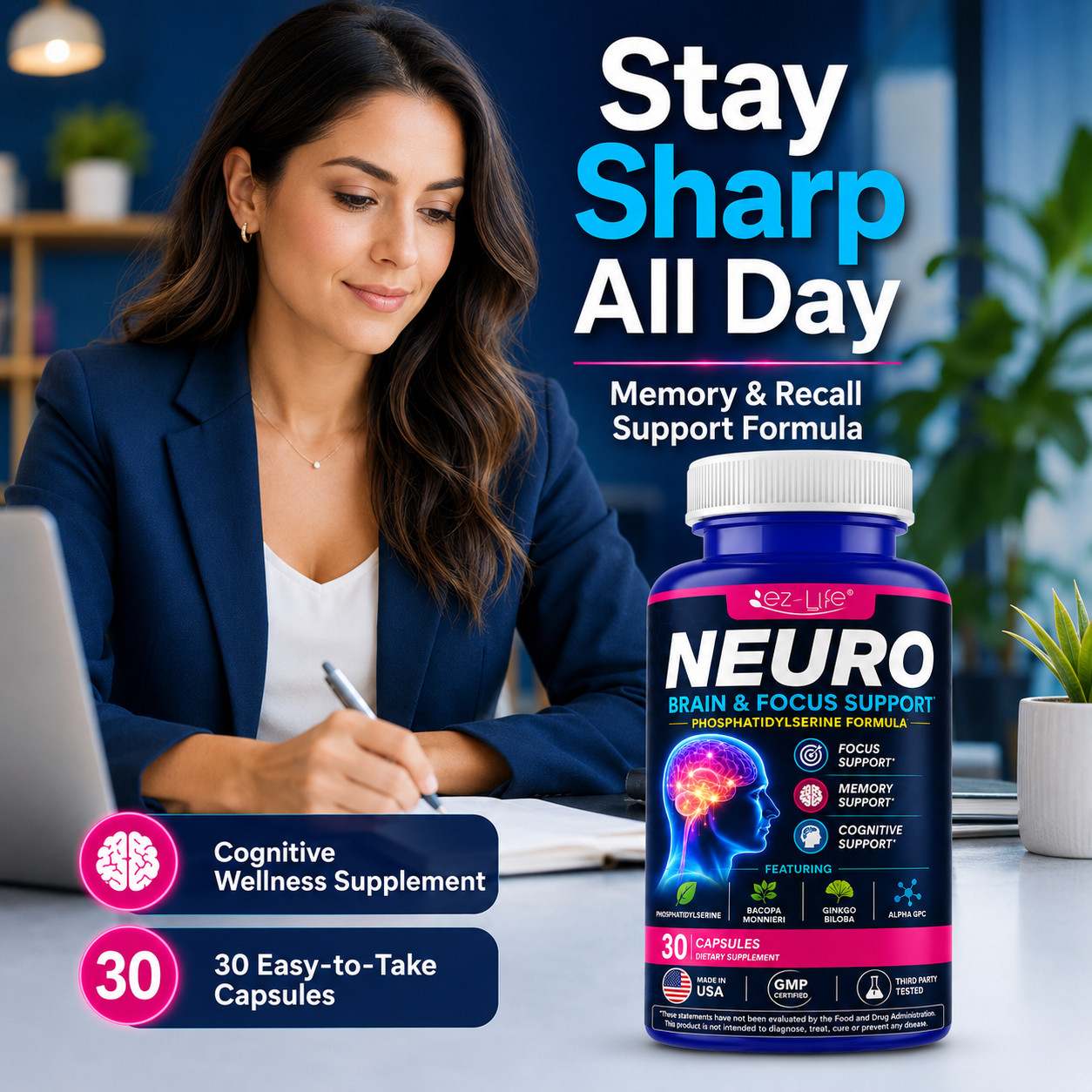 Nootropic Brain Health Supplement For Memory, Concentration, and Focus 60 Caps