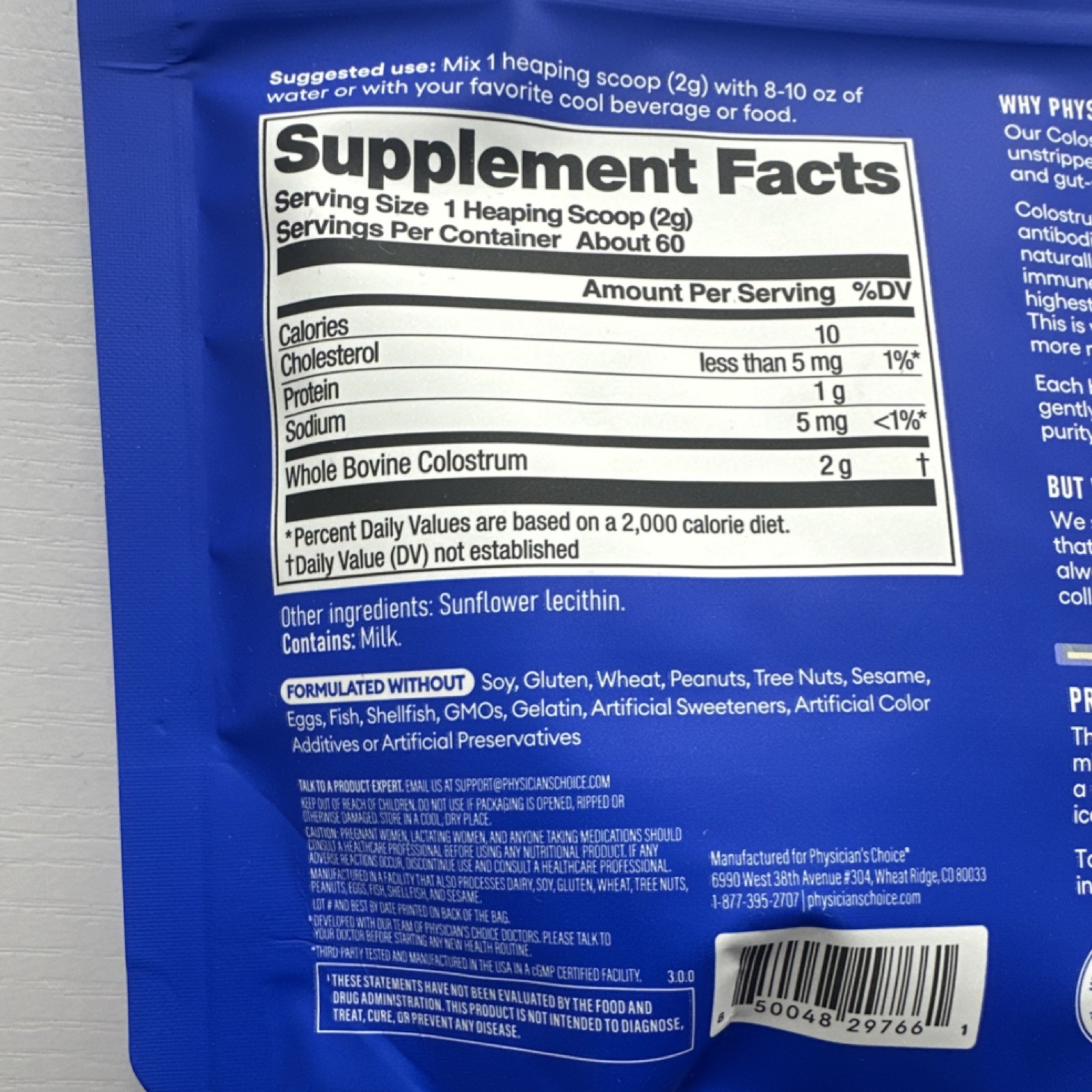 Physician’s Choice Colostrum Gold Powder Unflavored rBST-Free 120g Exp 03/2028