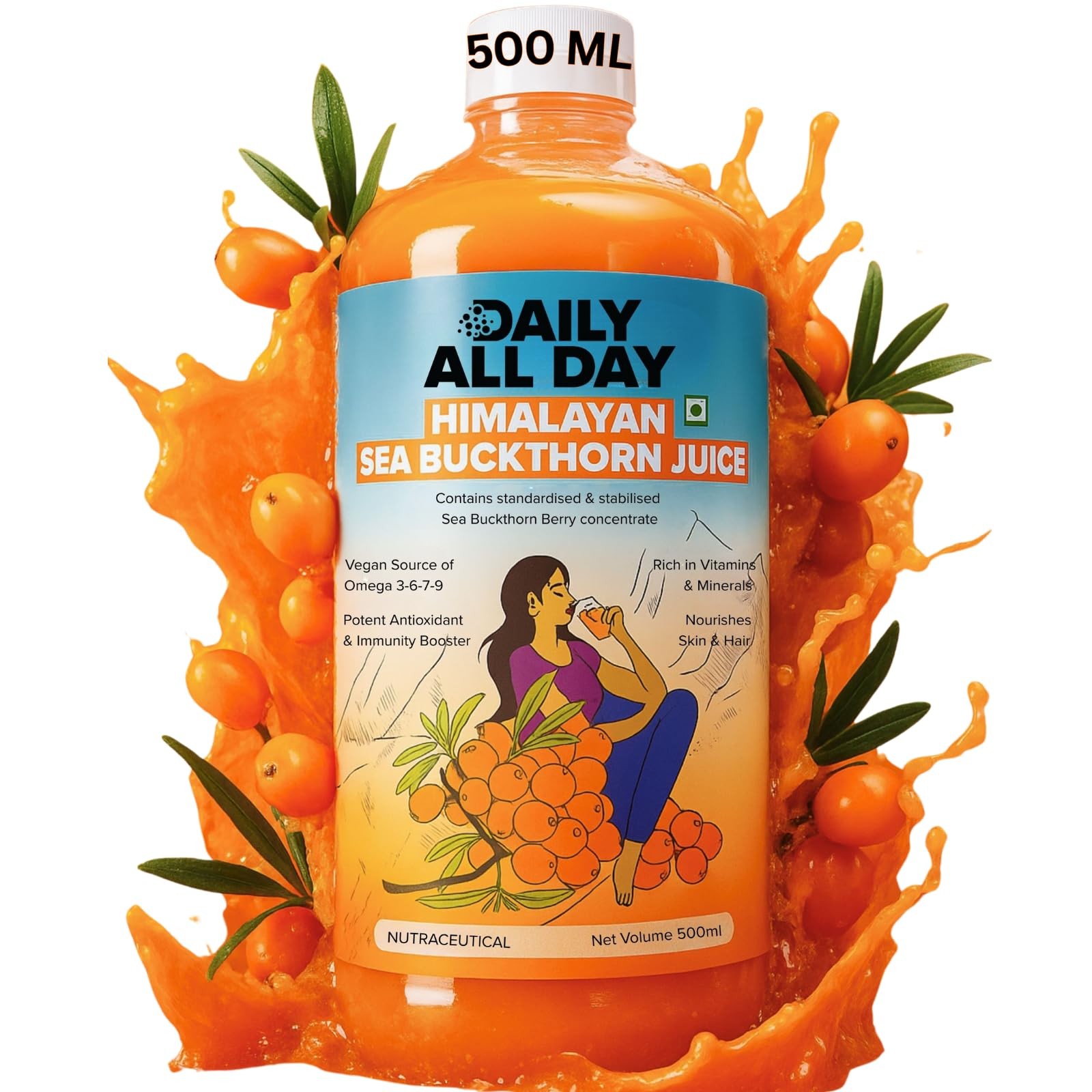 Daily All Day Himalayan Sea Buckthorn Juice Berry Pulp Omega 7 16.9 Fl Oz 500