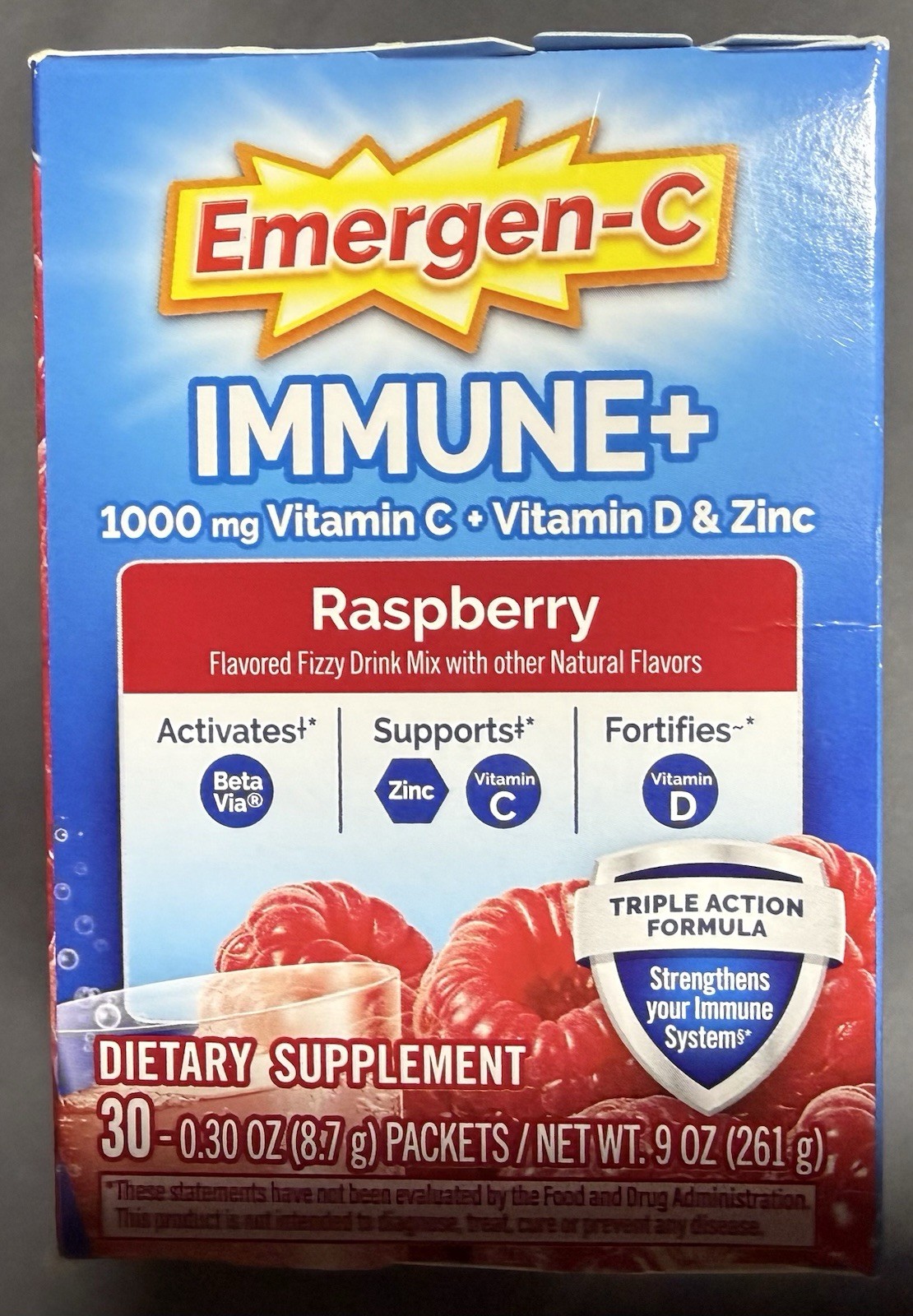 Emergen-C Immune+ Raspberry Drink Mix 30 Packets Vitamin C D Zinc Exp 07/2027