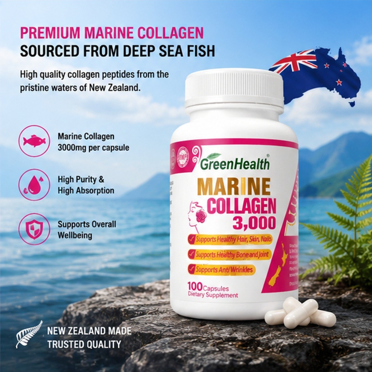 New Zealand Marine Collagen 3000mg x 100 vege capsules