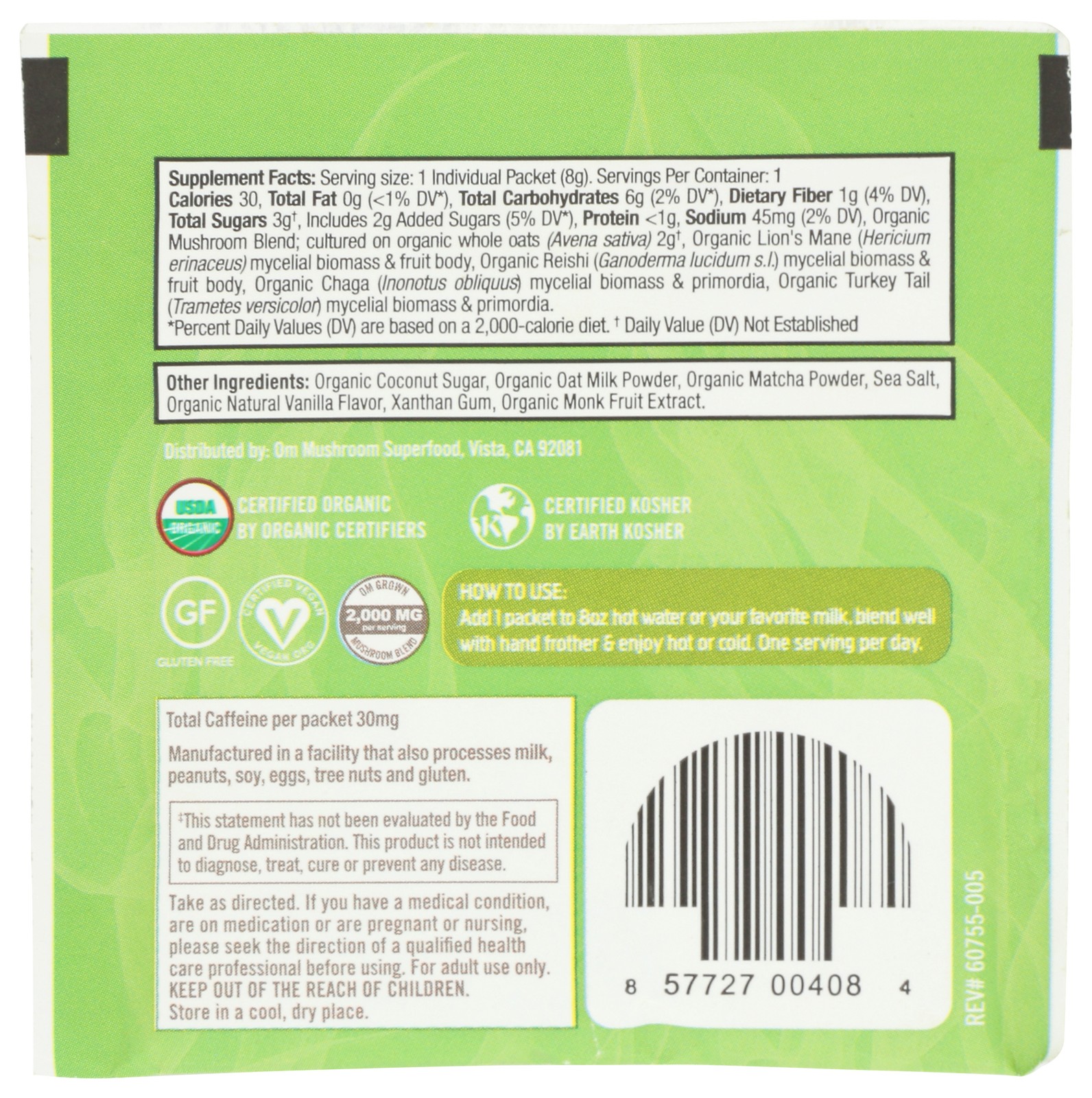 Om Matcha Latte Mushroom Supplement Powder Superfood Blend 21 Oz 10 Pack