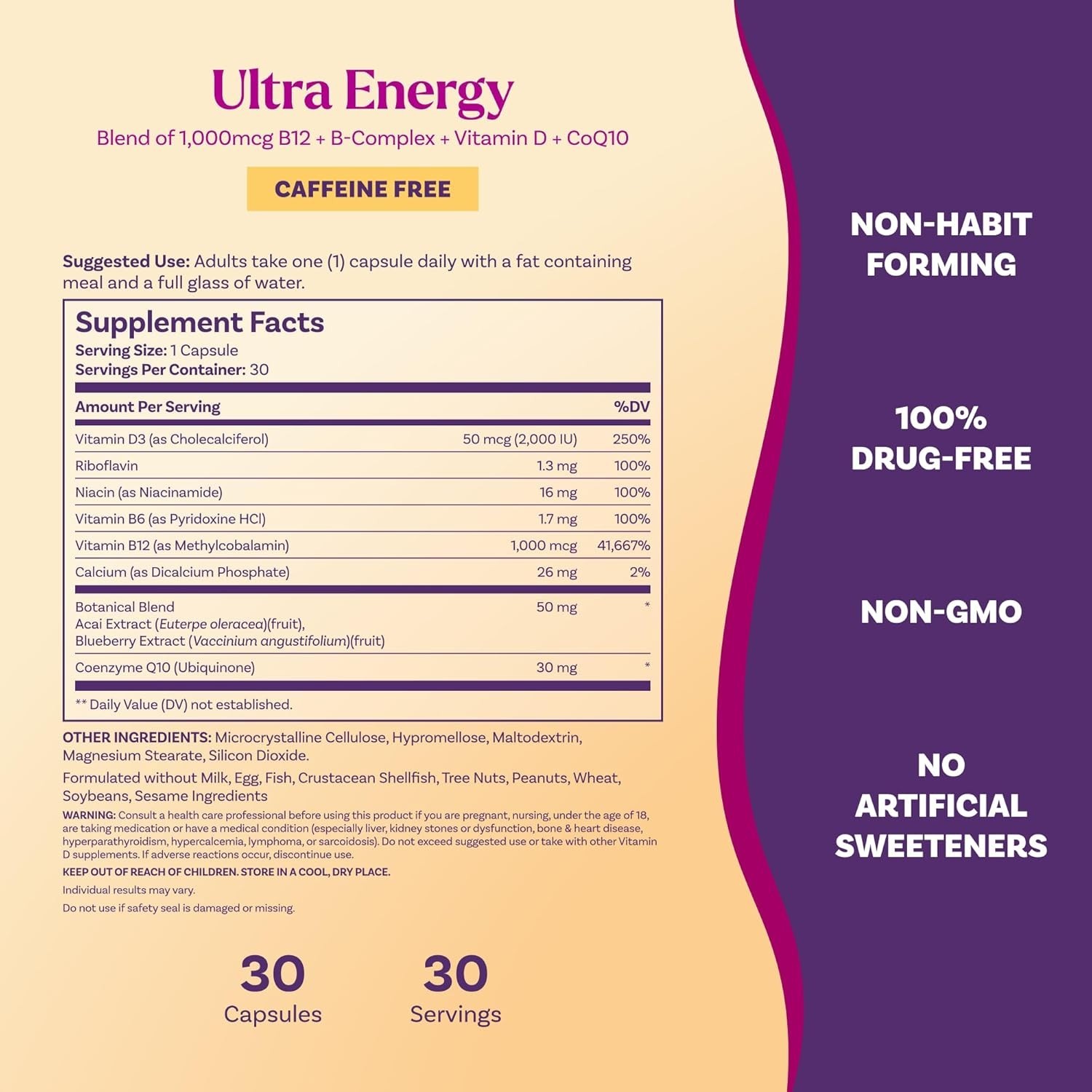 Natrol Ultra Energy 4-in-1 Blend, Caffeine Free, Vitamin B12, D, CoQ10, USA Made